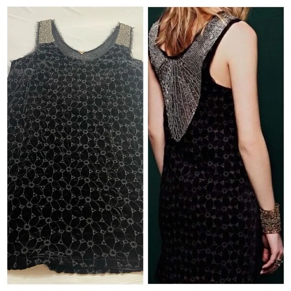 Free People Danced To Pieces Beaded Black Velvet Mini Dress Women’s Size Medium